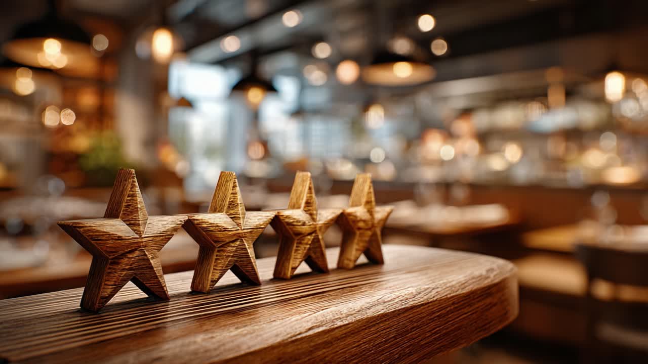 Aesthetic Display of Wooden Star Ratings in a Chic Restaurant Setting, Highlighting Ambiance and Culinary Experience Through Decor and Lighting