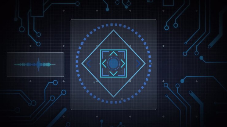 Animation of scope scanning, processor elements and data processing on screens over grid