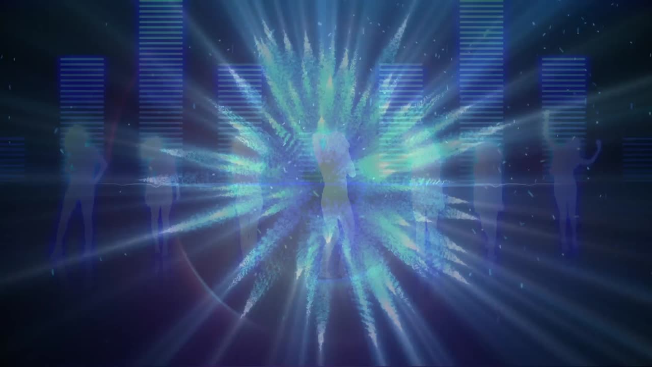 Animazione di punti luminosi e scie di luce con equalizzatore grafico musicale in movimento e persone che ballano