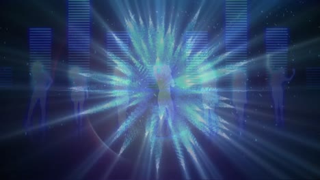 animación de puntos brillantes y rastros de luz con música gráfica ecualizador en movimiento y la gente bailando