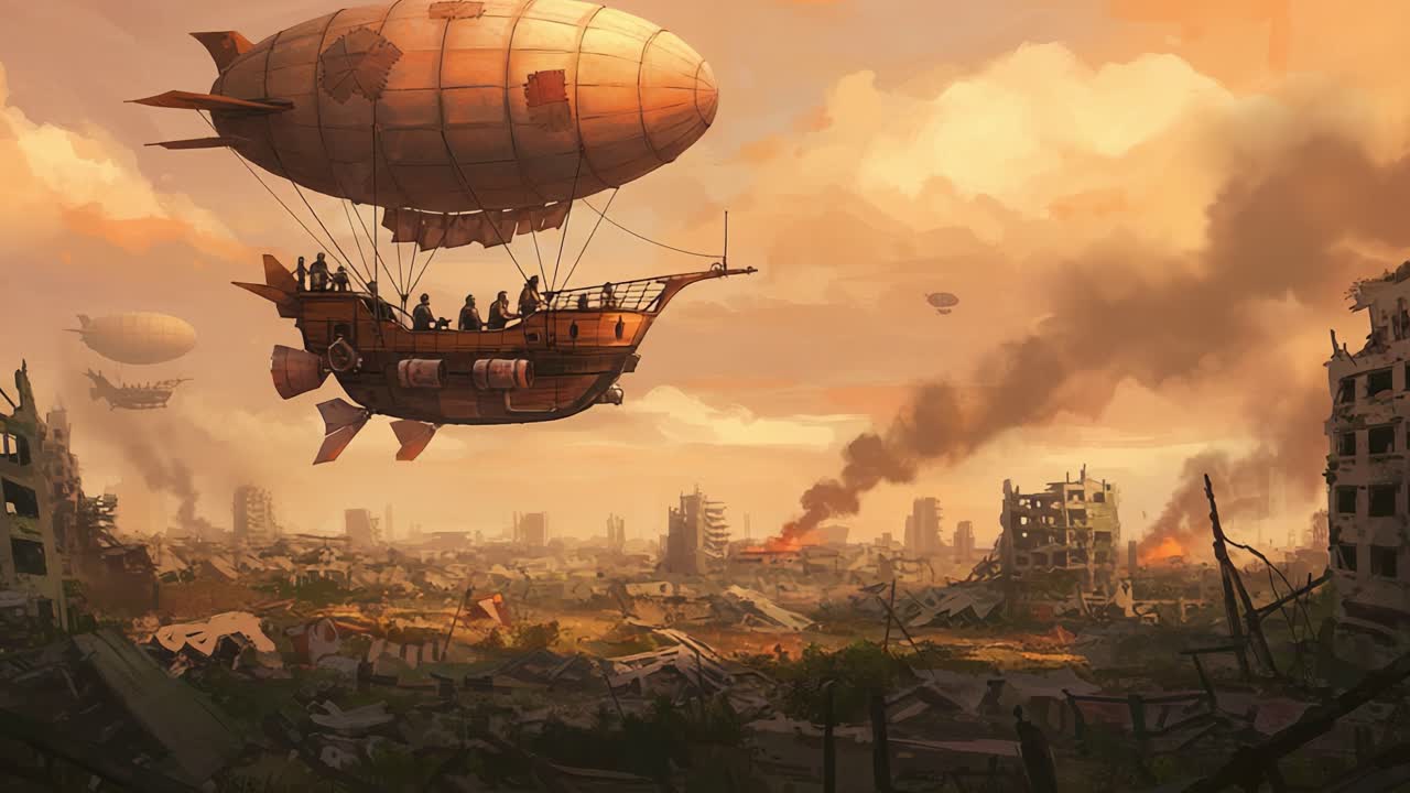 A Majestic Airship Glides Over a Post-Apocalyptic Landscape Filled with Smoke and Ruins, Showcasing a Blend of Fantasy and Dystopian Elements in Stunning Detail
