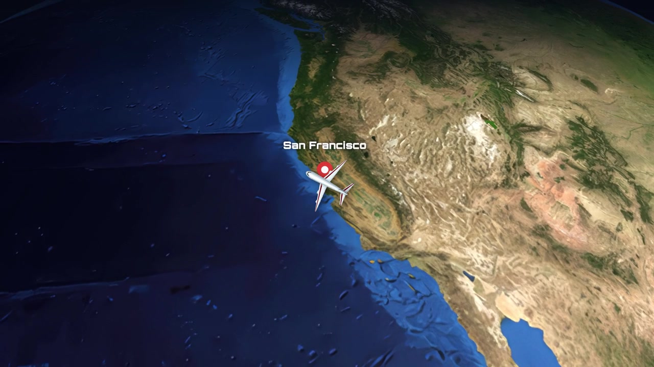 Animación de vista de satélite que sigue un icono de avión viajando desde la Ciudad de México hacia el norte hasta San Francisco.
