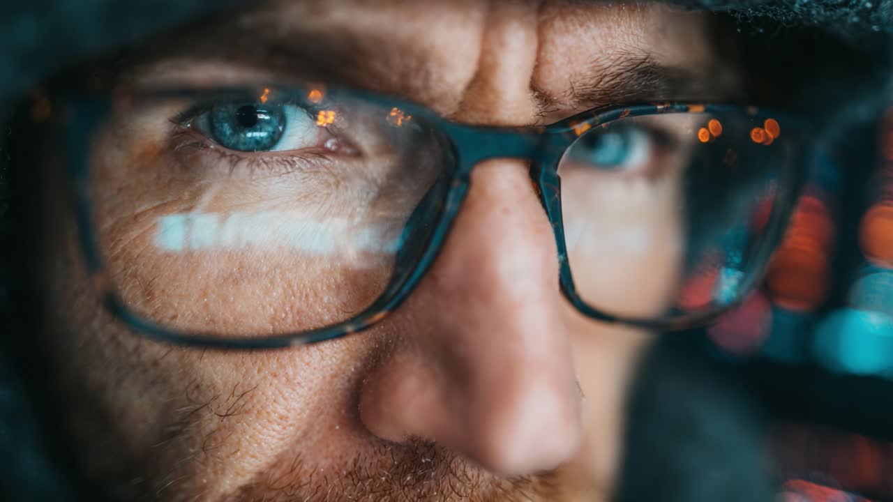 Intense Focus: A Close-Up of a Thoughtful Individual Wearing Glasses, Surrounded by Dazzling Lights, Capturing a Moment of Contemplation and Deep Thought Amidst a Vibrant Background