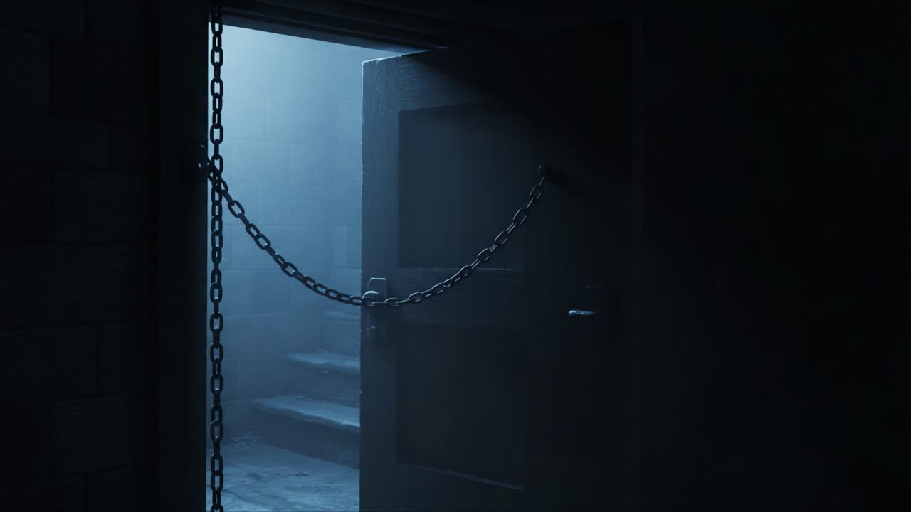 Dark and Mysterious Locked Door with Chain in an Eerie Atmosphere, Leading to Unseen Secrets Beyond in a Dimly Lit Space