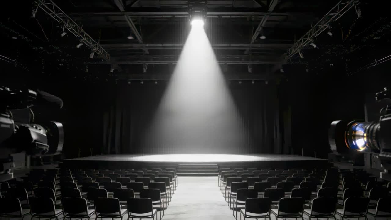 Rolling camera pulling back revealing empty center stage in studio ...