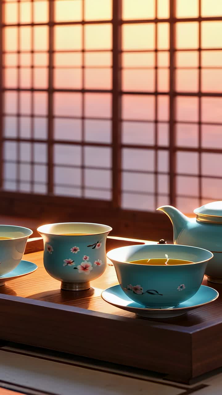 Vertical video: Filtering sunlight animating steam on tea set and tray in tea room