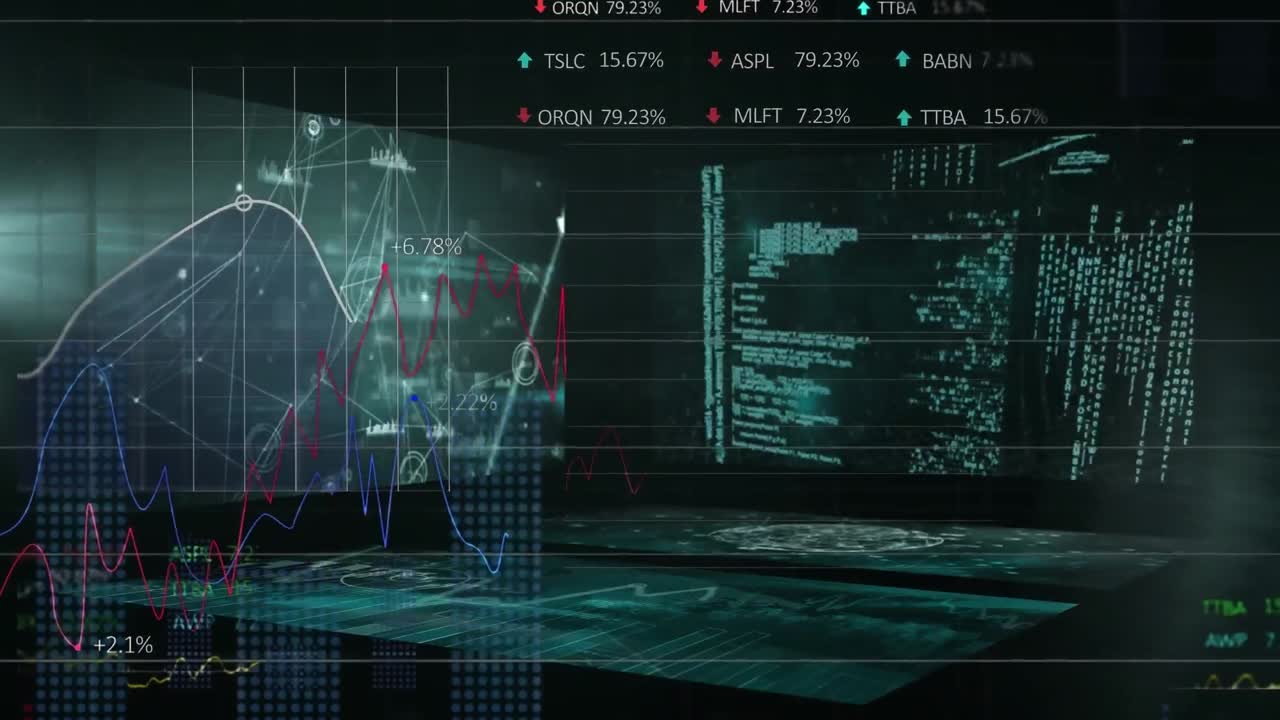 Animation of statistical and stock market data processing over screens with data processing