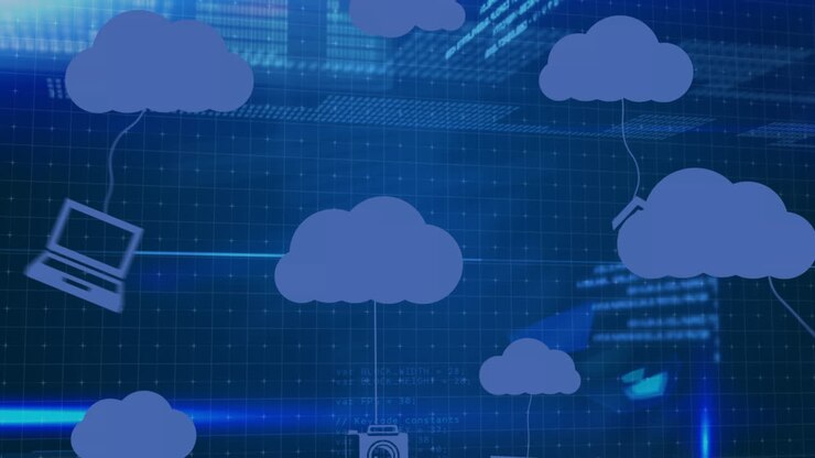 Animation of cloud icons and data processing over dark background