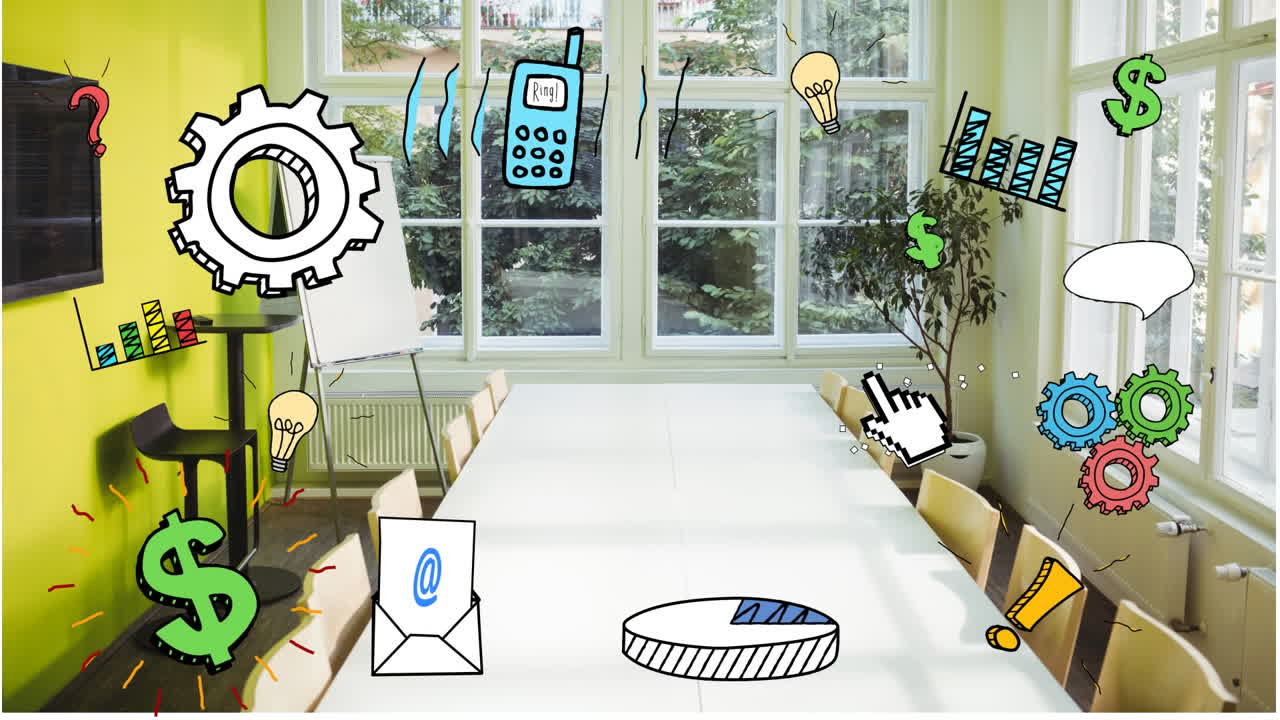 animación de iconos de negocios en la sala de reuniones de la oficina.