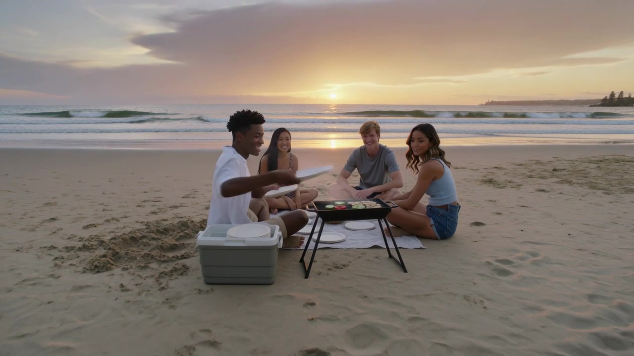 Uomo in camicia bianca che apre un frigo portatile e mette verdure sulla griglia in spiaggia al tramonto per sfamare gli amici.