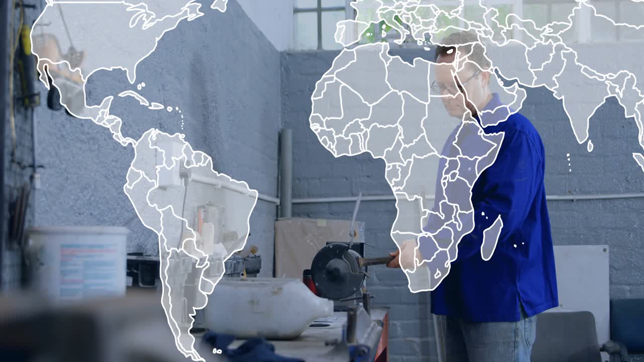 Machinist selecting rod, grinding metal on wheel with world map overlay showing manufacturing reach
