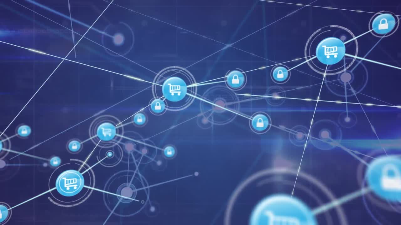 animación de una red de iconos digitales y rastros de luz contra un fondo azul