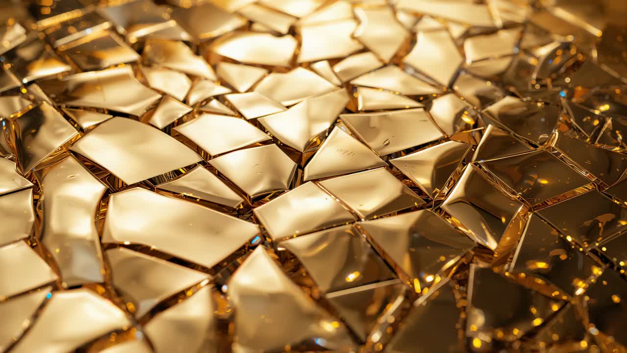 Shimmering tessellated golden facets reacting to lighting tilt in studio macro, with blue glints