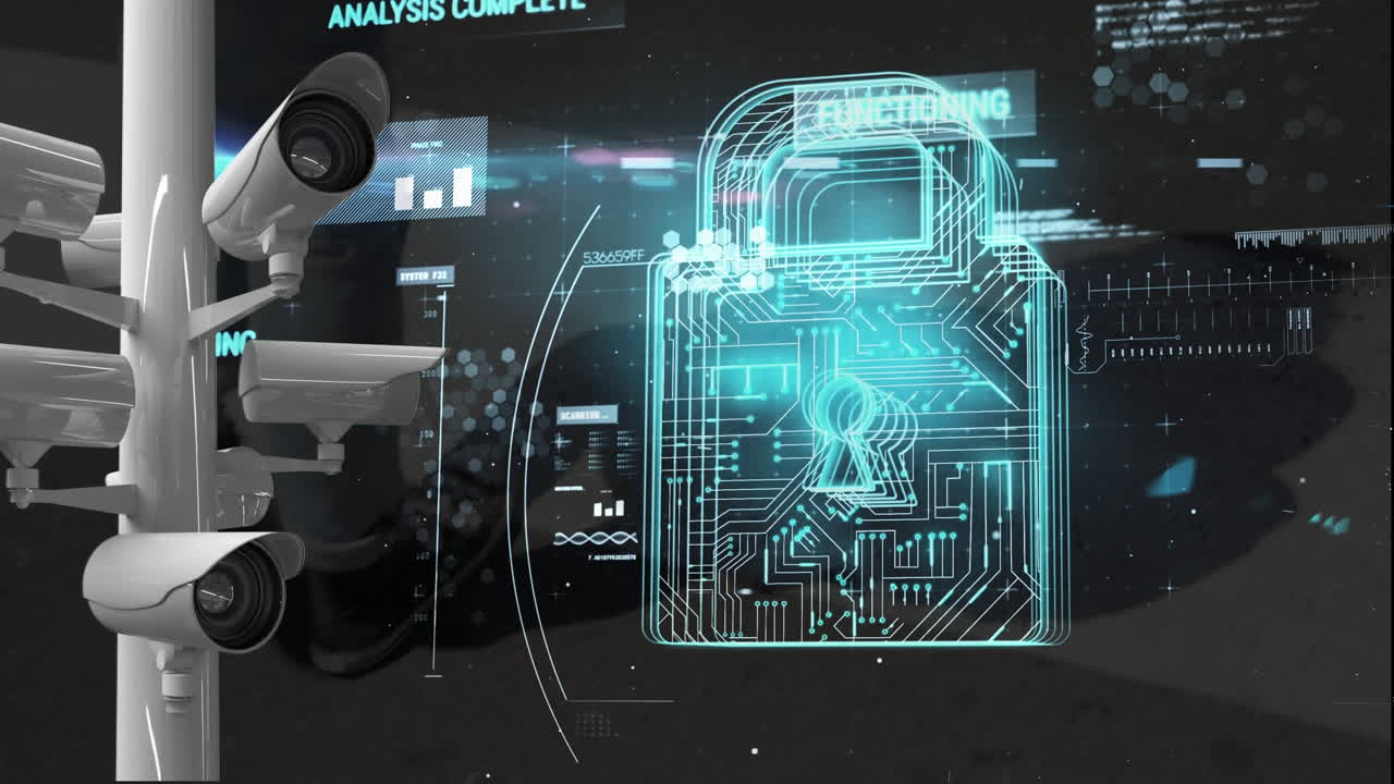 Animation of online security padlock and cameras recording over pedestrian walking in the background