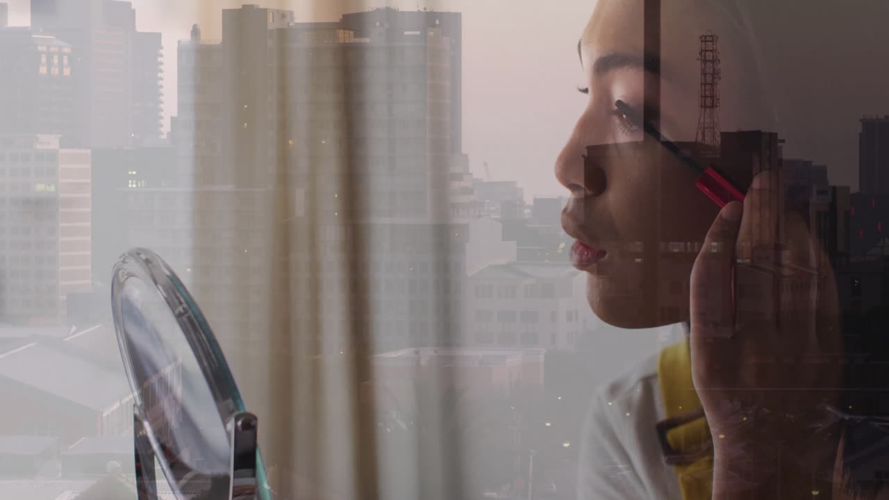 Applying makeup, person with cityscape view through translucent curtain