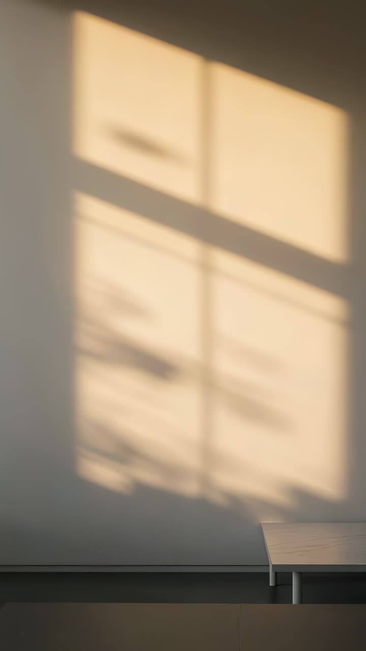 Vertical video: Casting low sun forming window shadow on room wall, plant shade, bench as sun moves