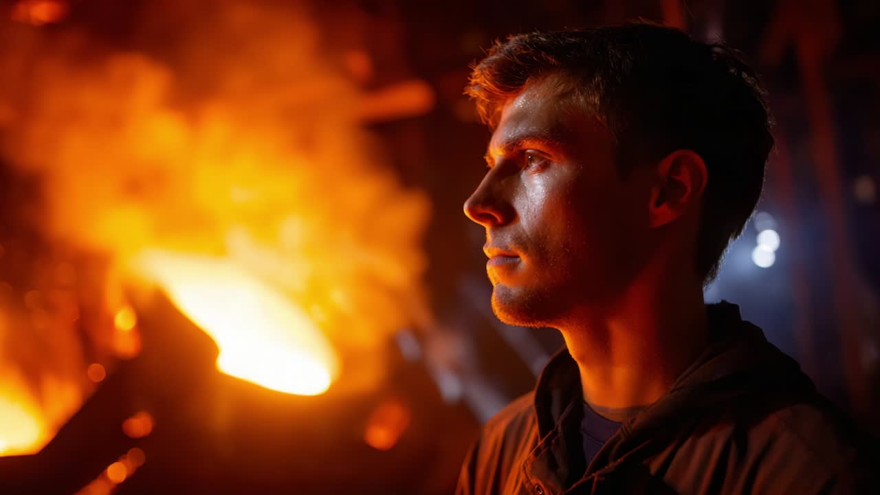 A focused individual stands in a steelworks environment, surrounded by the intense glow of molten metal, contemplating the transformative process of metallurgy and the artistry of metalwork in a darkened workshop