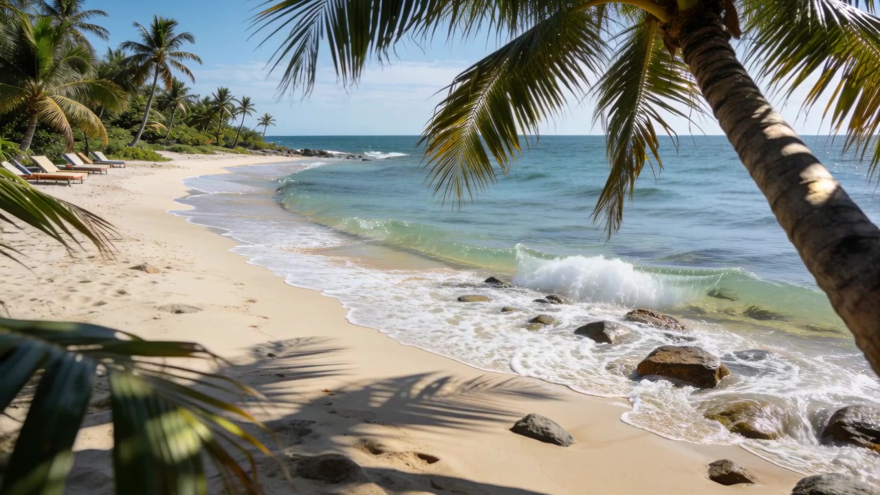 Ondulação pulsante sob um tronco de palmeira inclinado em uma praia ensolarada, remodelando a areia, com a espuma das ondas cobrindo as rochas.