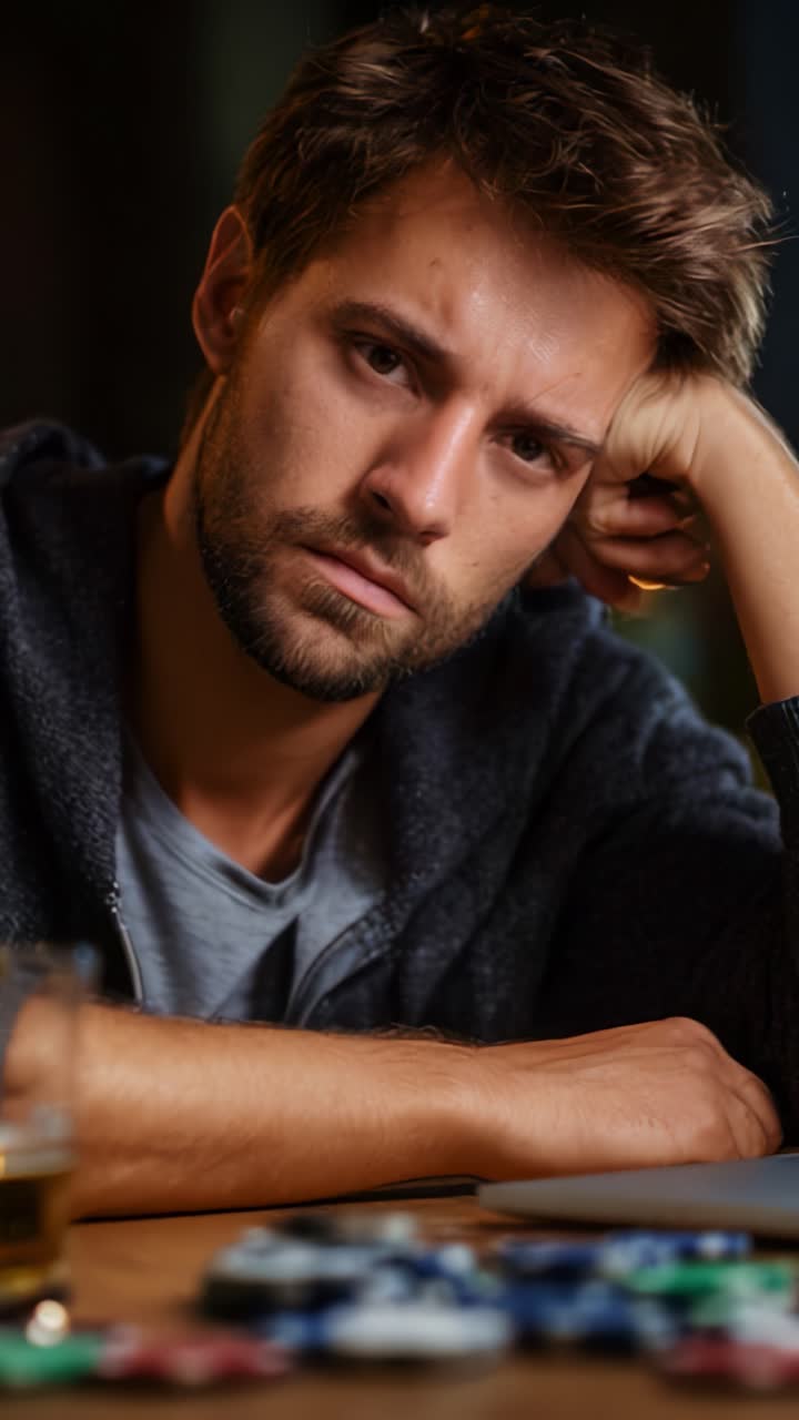 Uomo assorto che osserva le fiches da poker su un tavolo, mostrando un misto di concentrazione e introspezione mentre valuta la sua prossima mossa strategica nel gioco