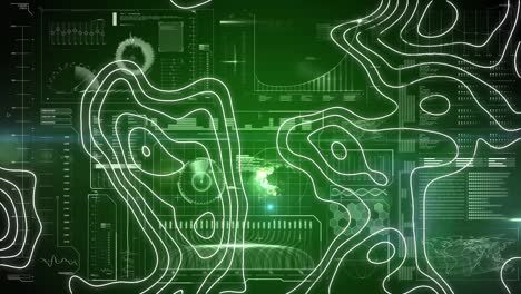 animation of moving topographical chart over green interface with information and data processing