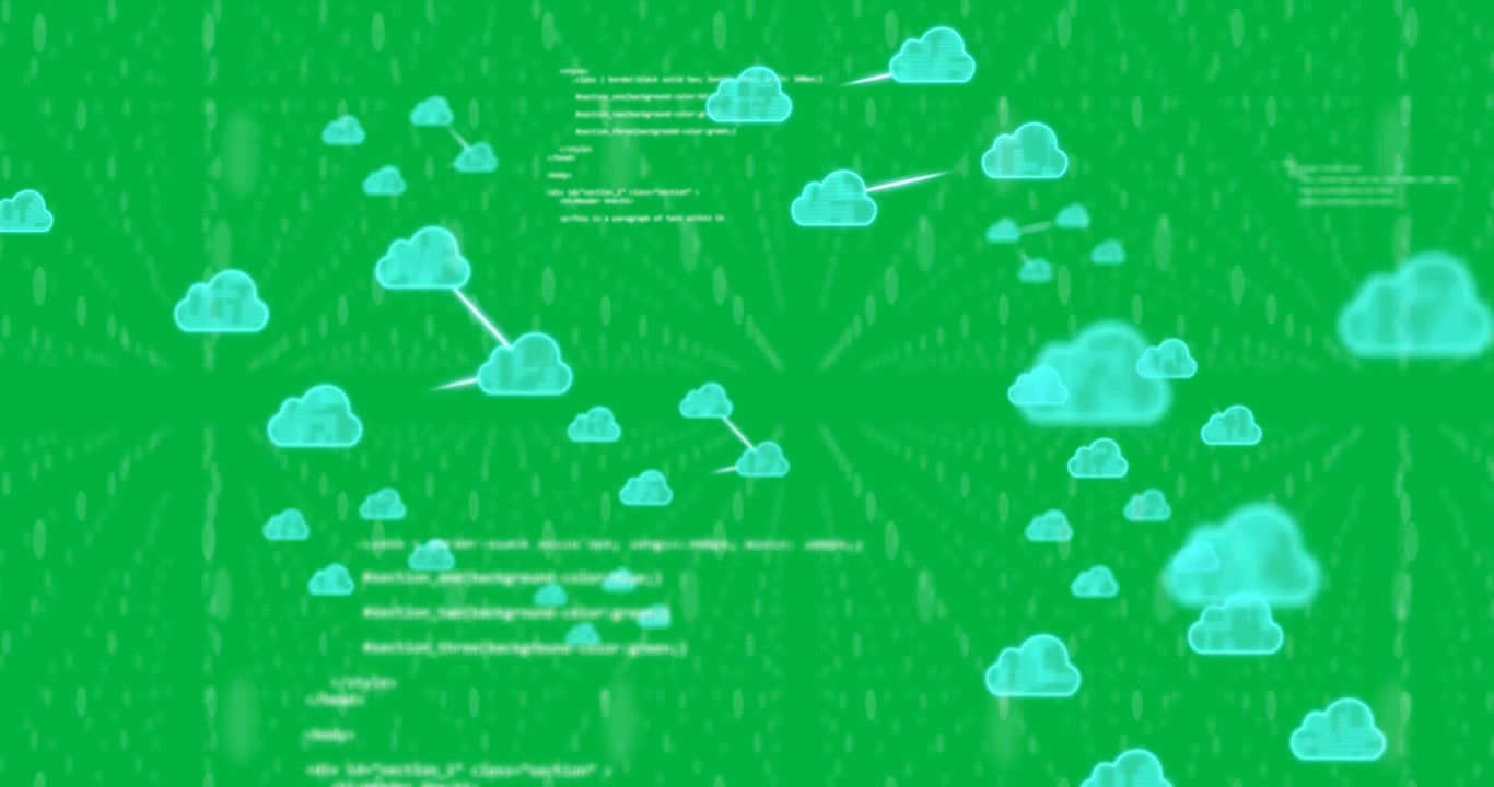 Animation of computer data processing and clouds on transparent background