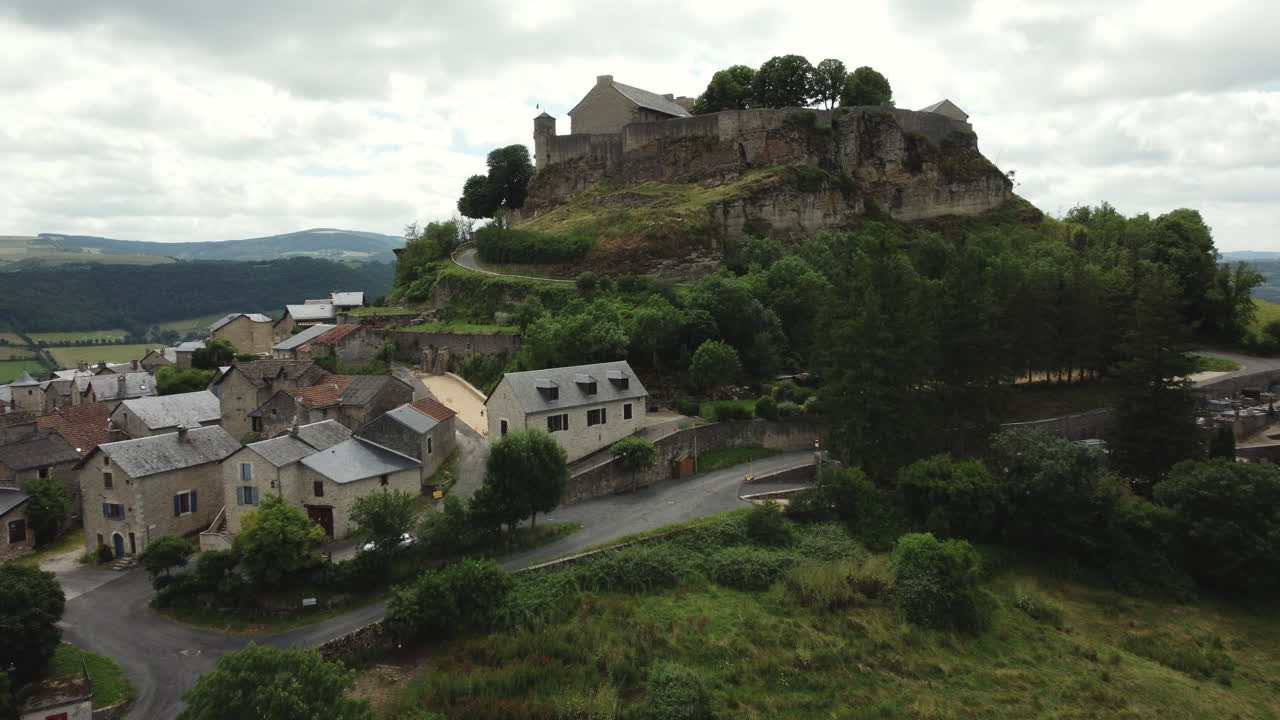 Aerial View of a Medieval Castle and Village in France