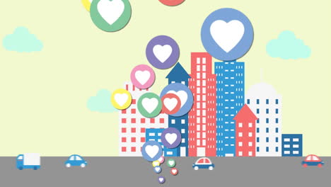 animation of rising colourful heart love symbols, over modern cityscape