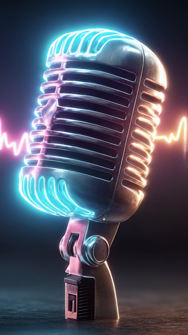 Uno splendido microfono al neon catturato in due fotogrammi, che mostra il suo bagliore luminescente e il design stilizzato con un impulso elettrico sullo sfondo.