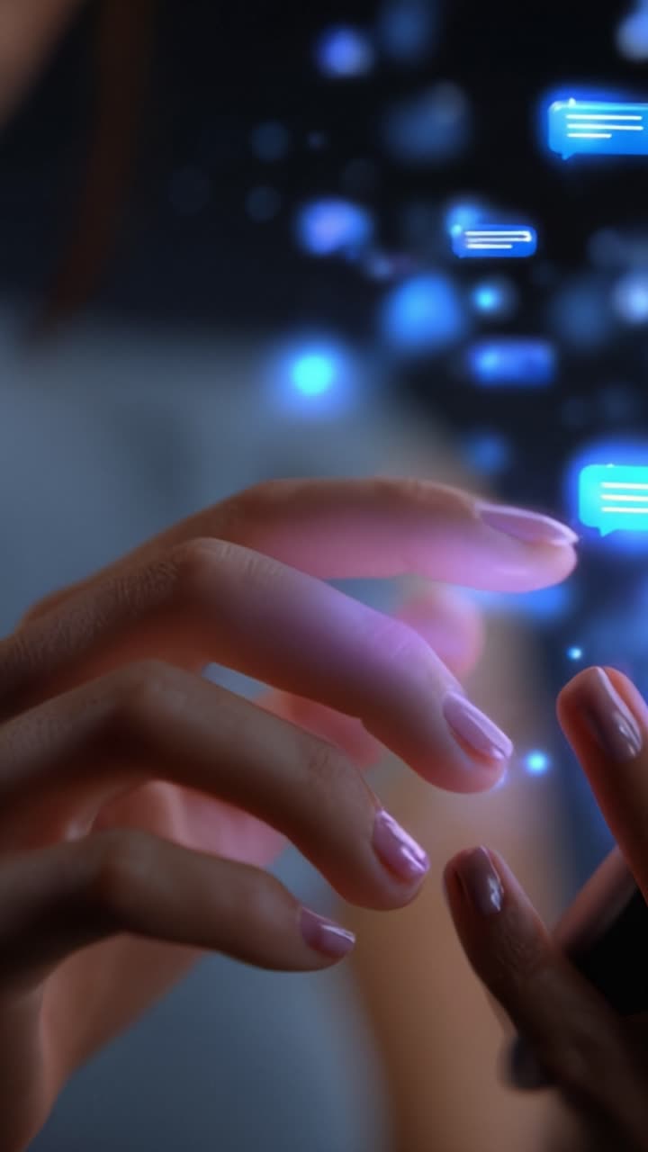 A close-up of elegant hands interacting with a futuristic interface, showcasing a blend of technology and human touch through glowing digital elements