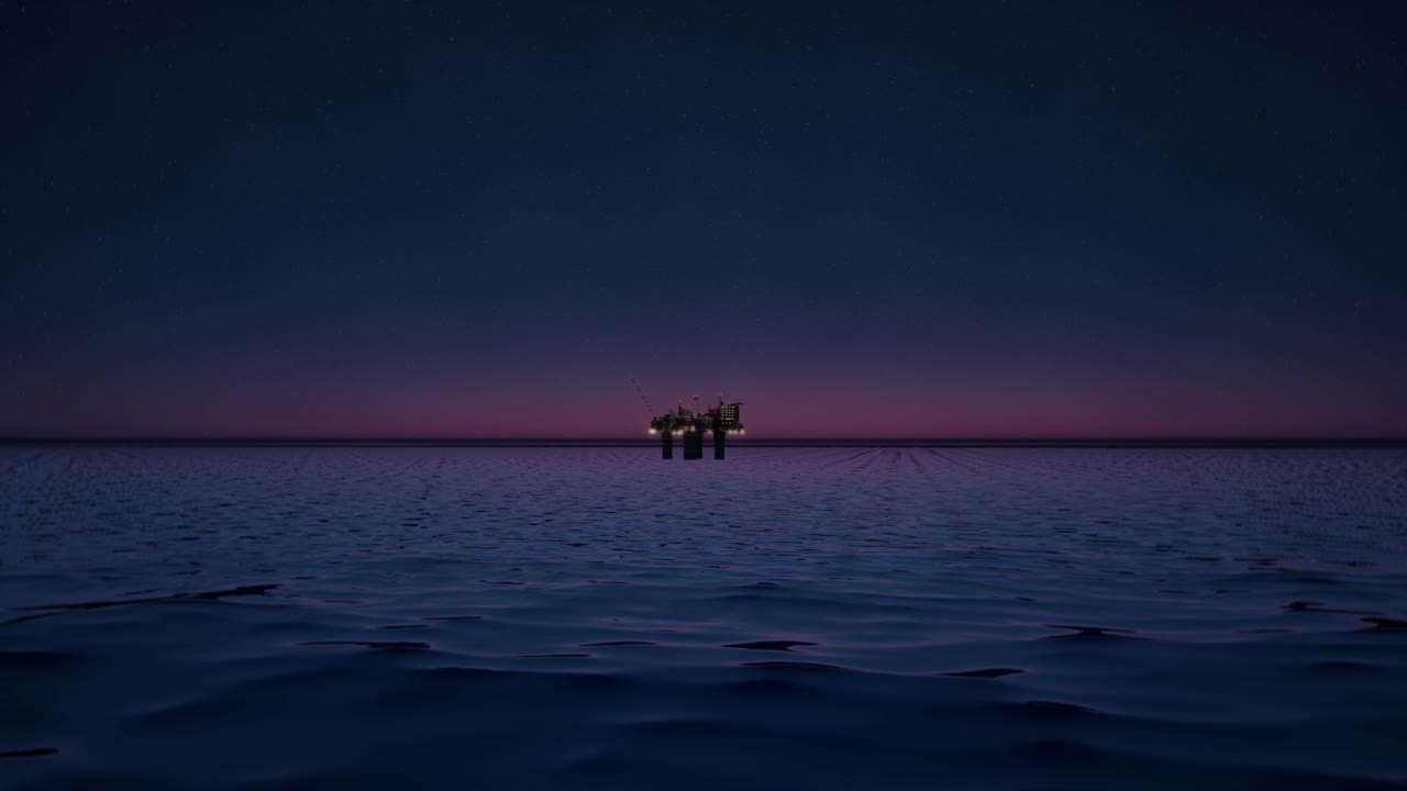 아름다운 밤 하늘에서 바다에서 해상 석유 및 가스 플랫폼. 바다에서 원유 생산을 잭 업