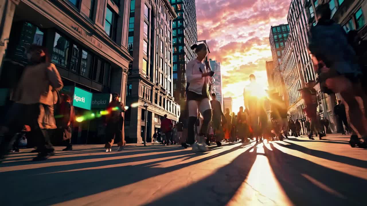 Low-angle video captures a bustling city street at sunset, highlighting silhouettes and long shadows
