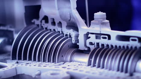 close-up view of a cut-away turbine engine