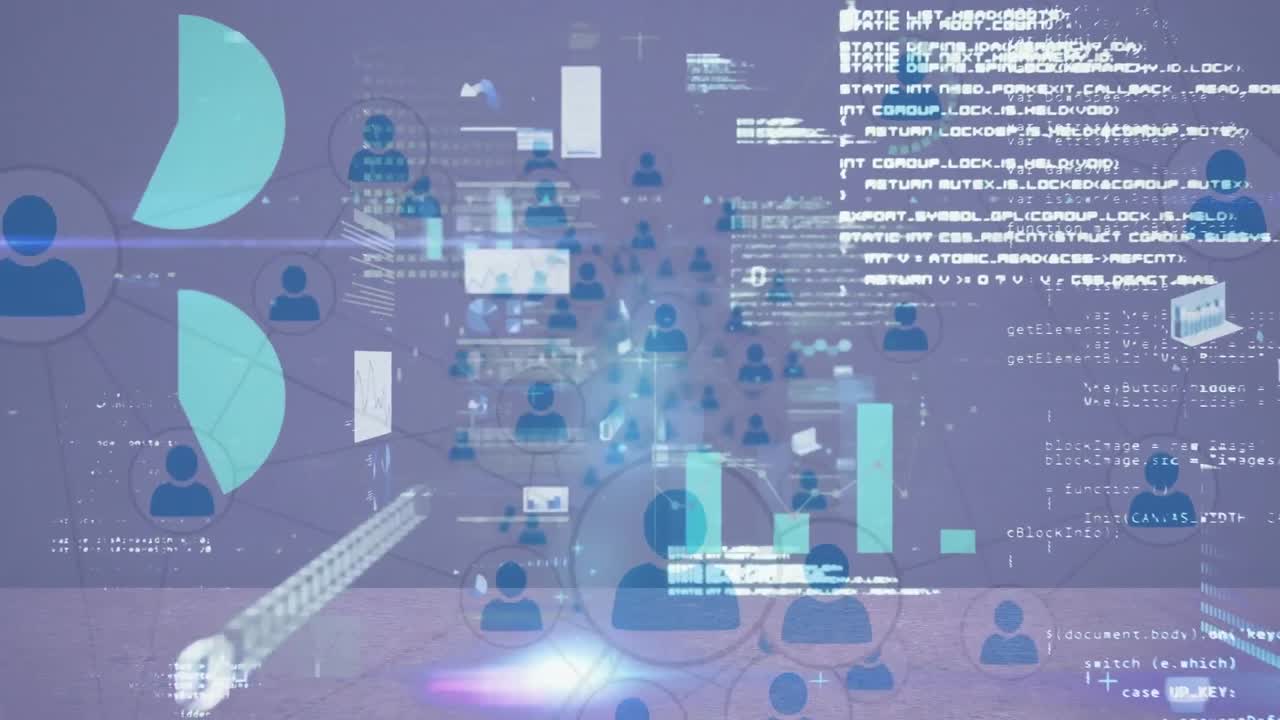 Animation of network of profile icons and statistical data processing against grey background