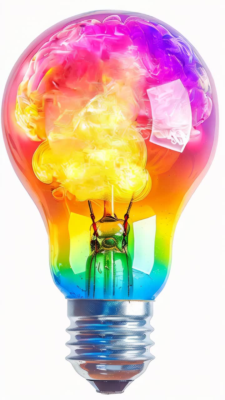 A light bulb with a glowing brain on white background, Colors, Moving, Spreading