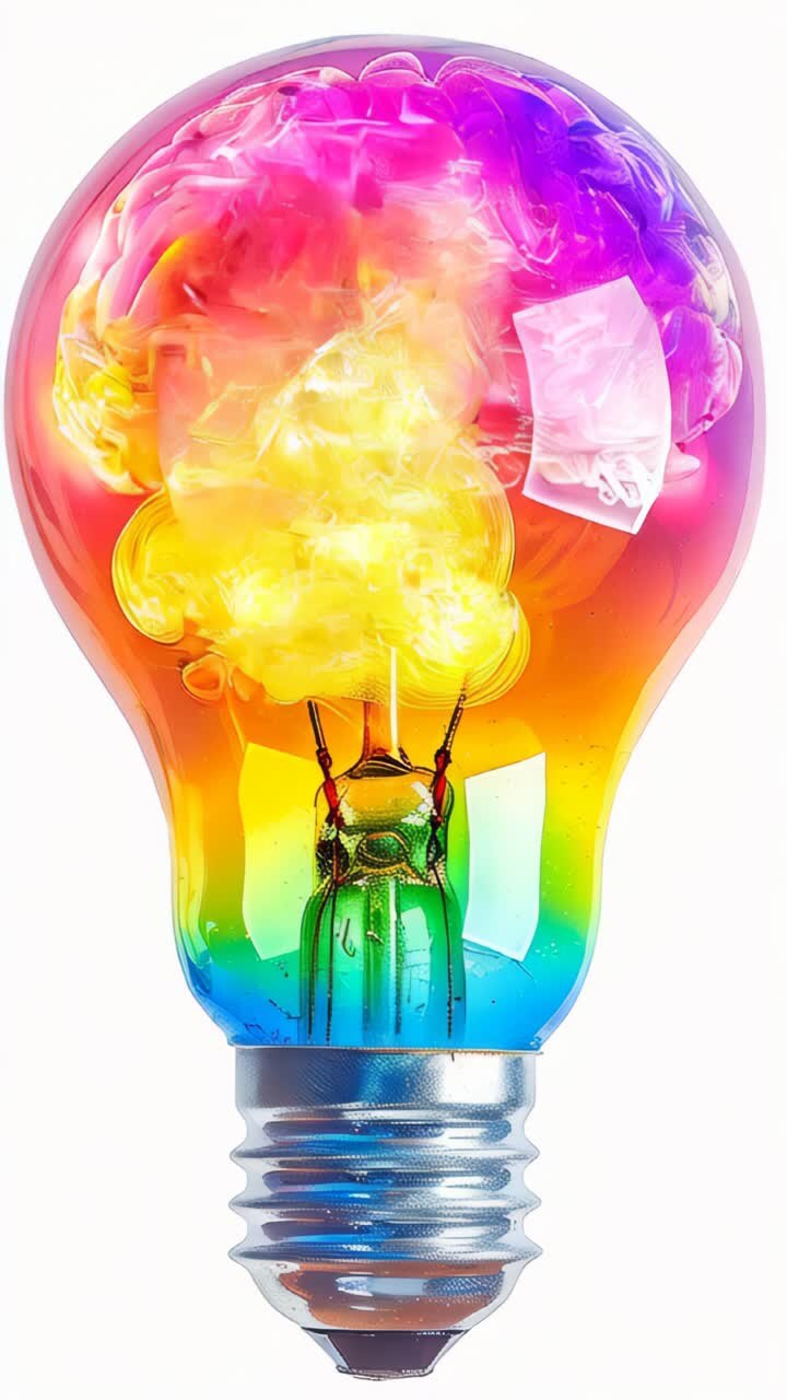 A light bulb with a glowing brain on white background, Colors, Moving, Spreading