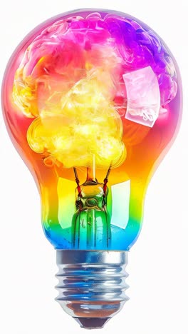 a light bulb with a glowing brain on white background, colors, moving, spreading