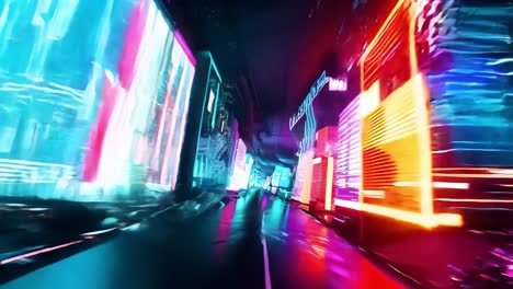 futuristic city streets glow with neon lights as a car speeds through the vibrant urban landscape at night