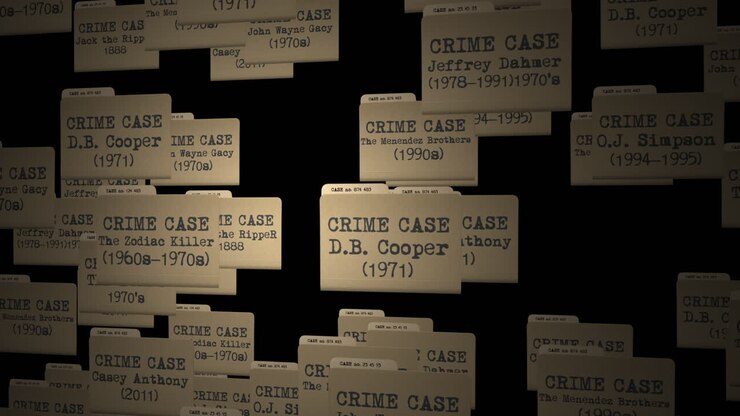 Sliding graphics of infamous criminal profiles with photos and text. Low-key lighting for documentary, podcast, or mystery genre content