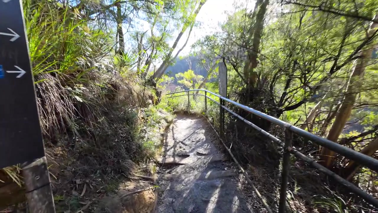 First-person perspective walking past a trailhead sign onto a bushwalking path at Wentworth Falls.