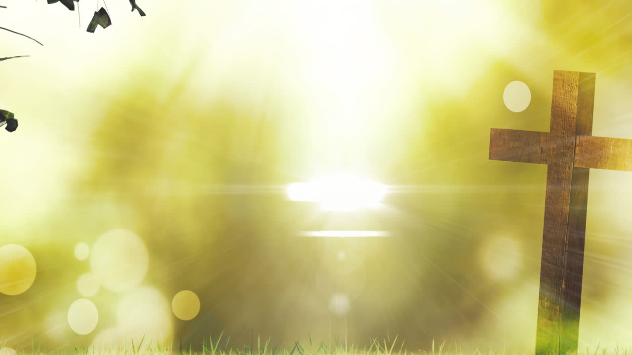 초록색 바탕에 여러 개의 반 ⁇ 이는 반점이 있는 기독교 십자가의 애니메이션