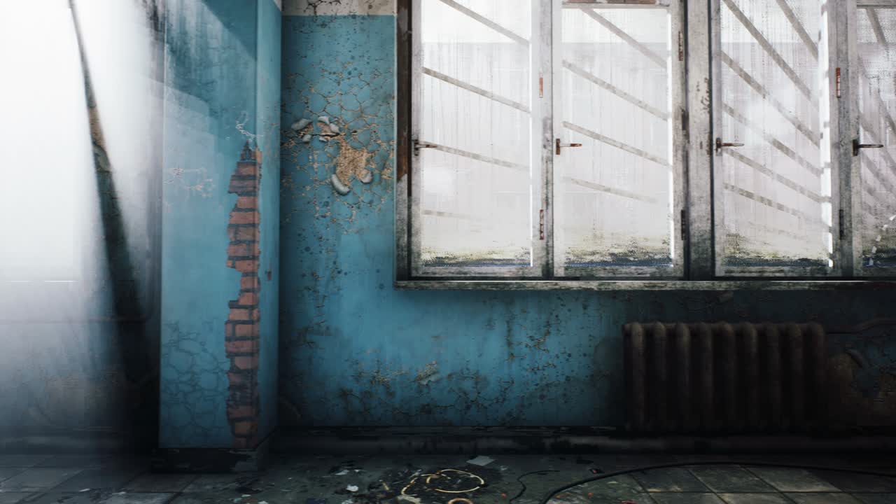 바닥에 잔해와 먼지가 있는 버려진 병원의 복도, 종말론, 신비주의 및 환상적인 배경에 대한 루프 애니메이션, 버려진 종말론 집의 전망.