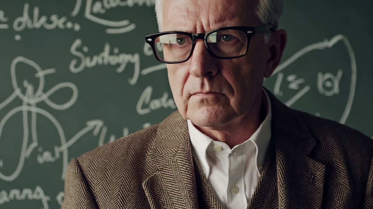 Older Professor in front of a Chalkboard