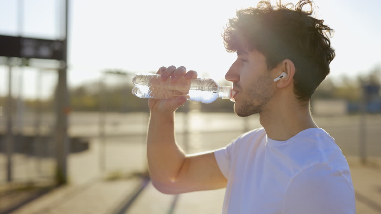 Man drinking water outdoors after workout