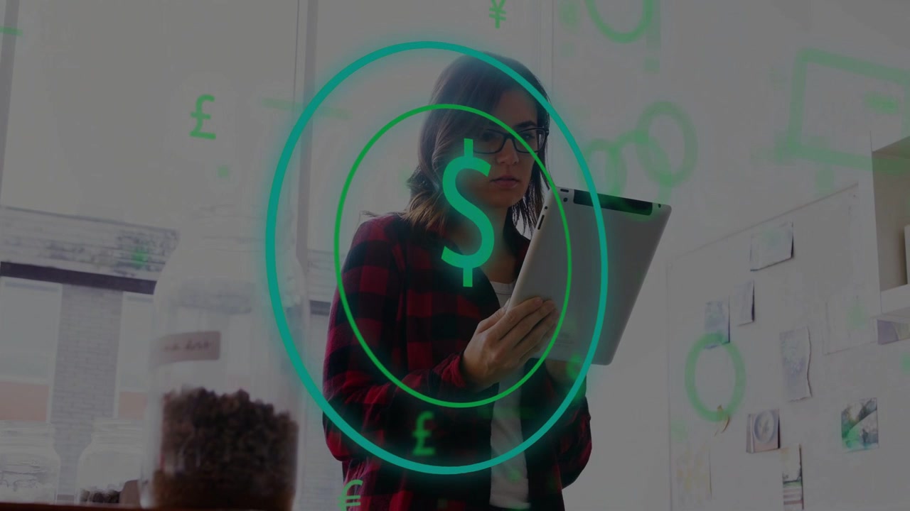 Mid adult woman holding tablet, activating fintech AR HUD, HUD scaling while checking finances