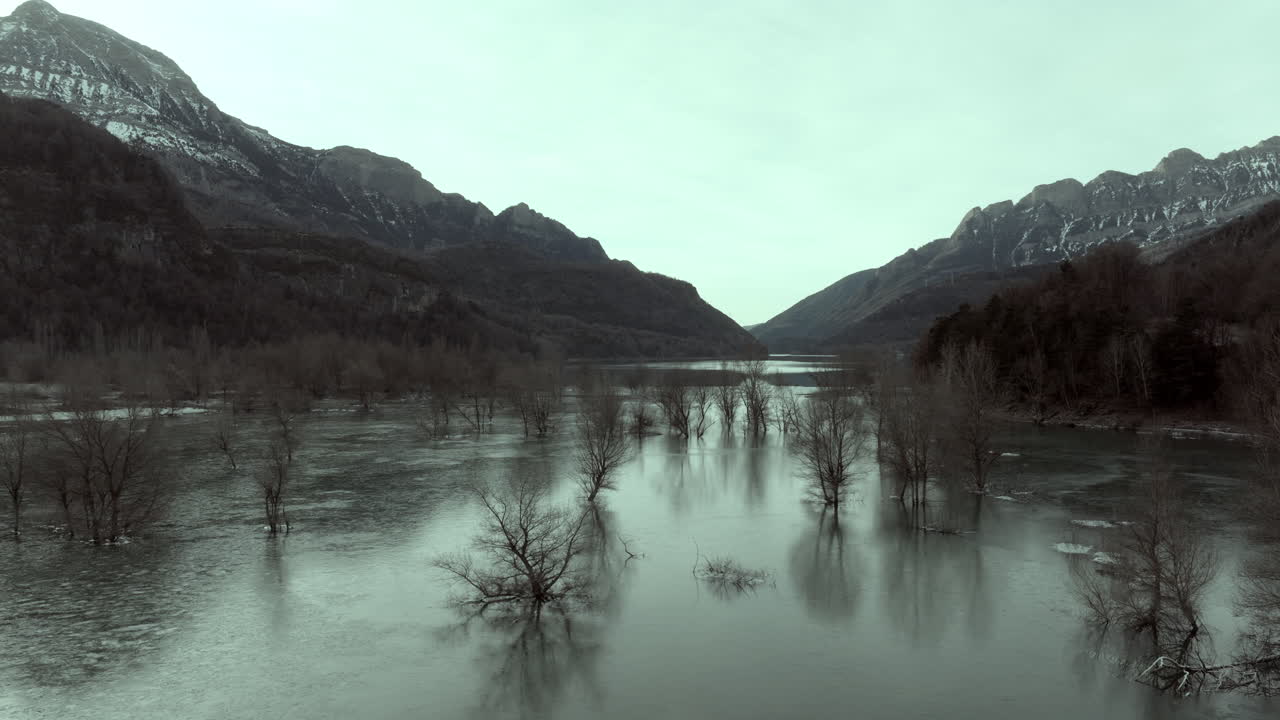 Lago di montagna ghiacciato con alberi spogli