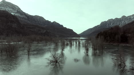 frozen mountain lake with bare trees