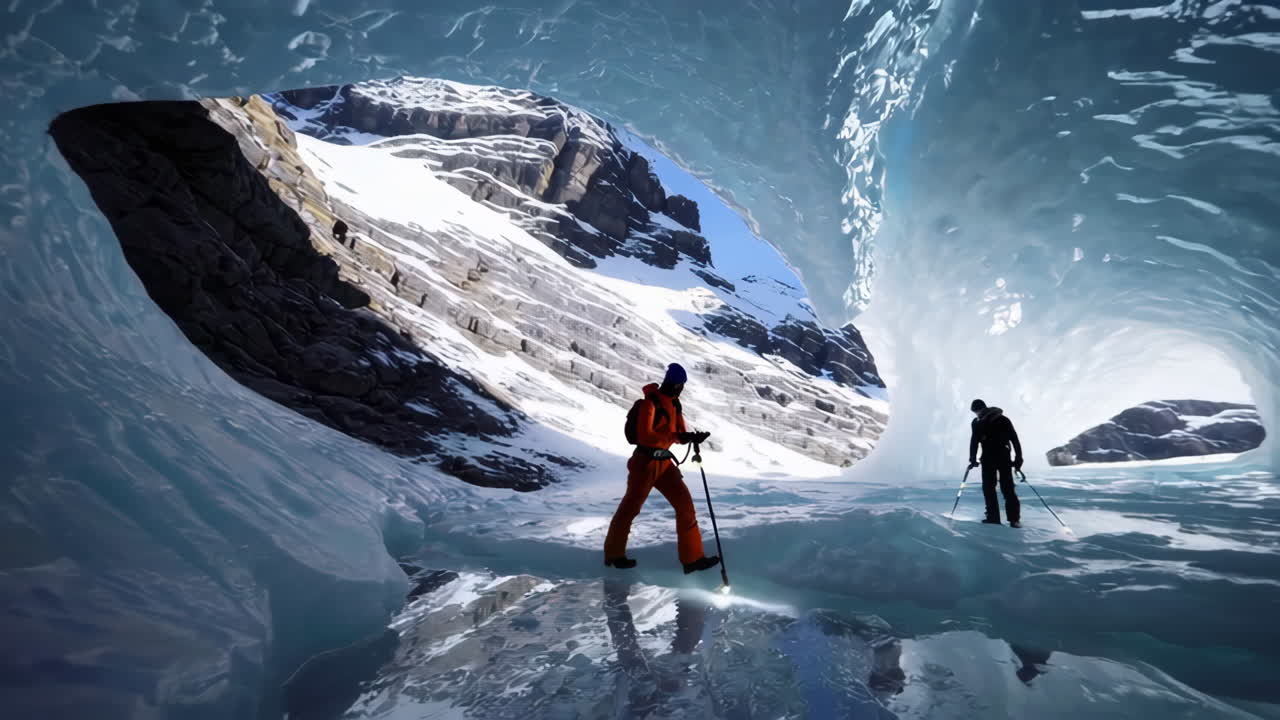 Exploring an Ice Cave in the Mountains