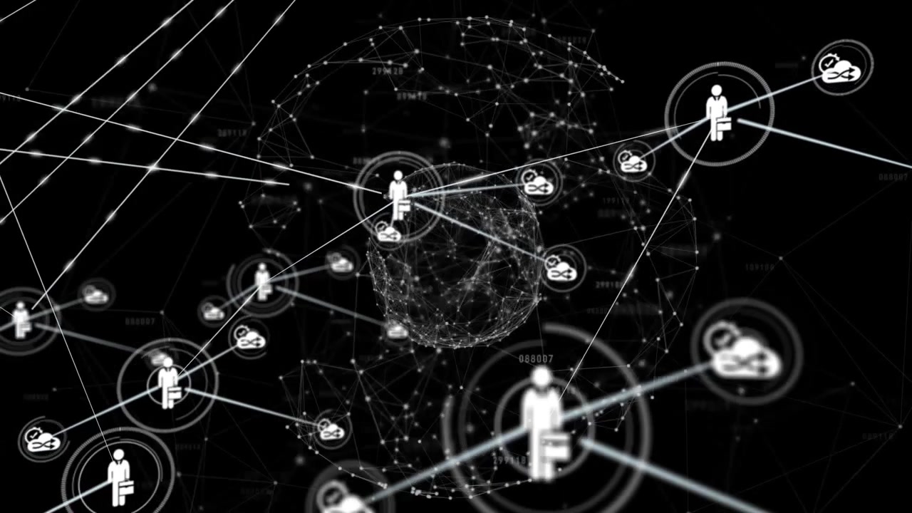 Starting 3D data forming sphere, avatar pulsing sending lines linking visualizing network growth