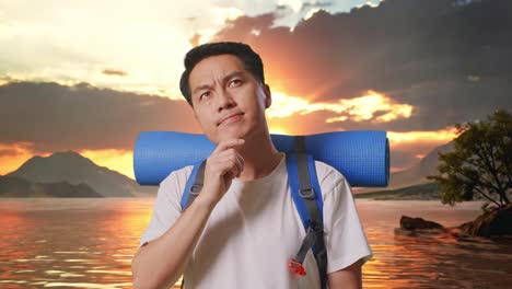 close up of asian male hiker with mountaineering backpack thinking about something and looking around at a lake