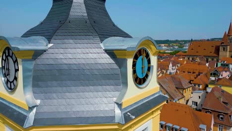 aerial view of a clock tower in a german town
